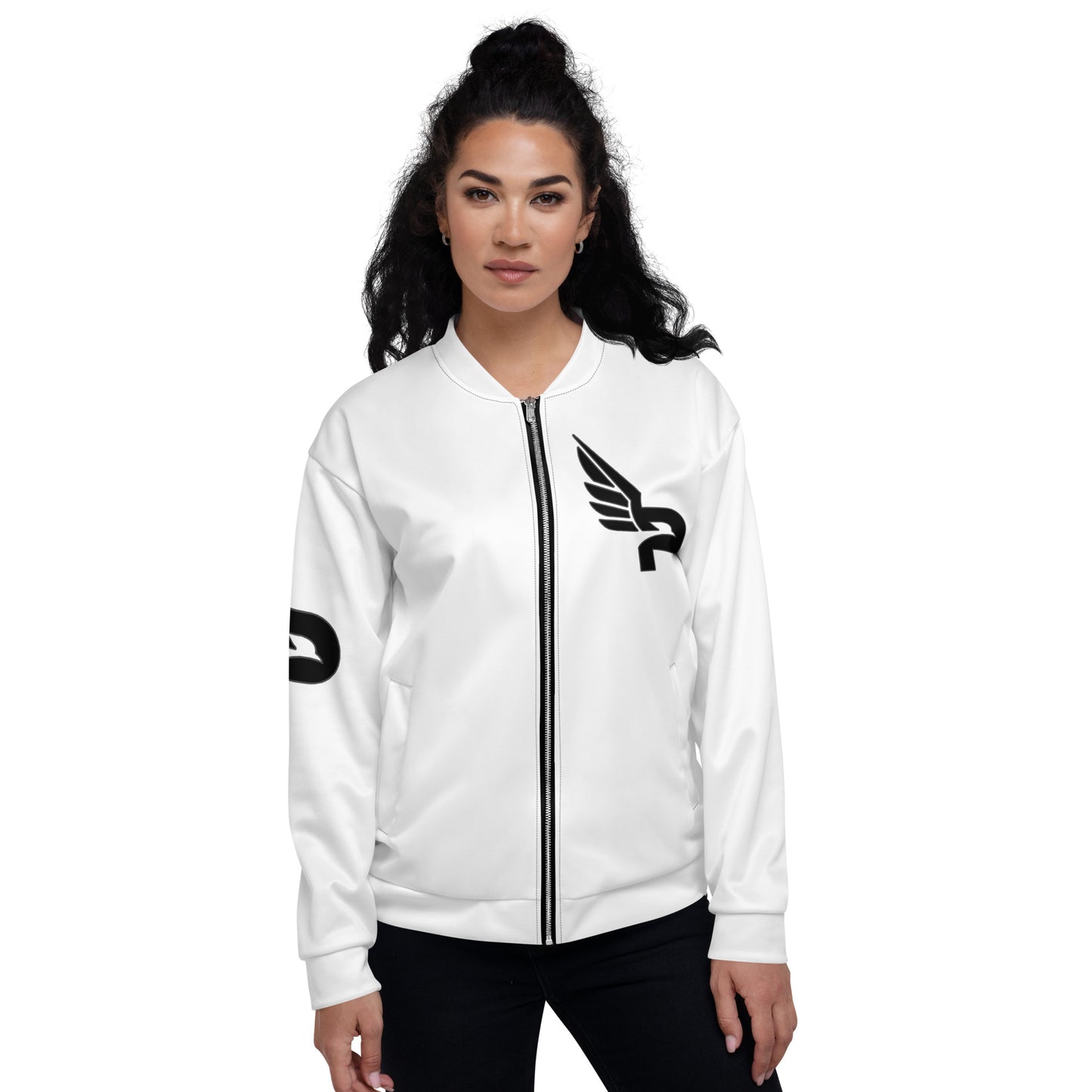 Women's PWRF Brand Black Logo White Unisex Bomber Jacket