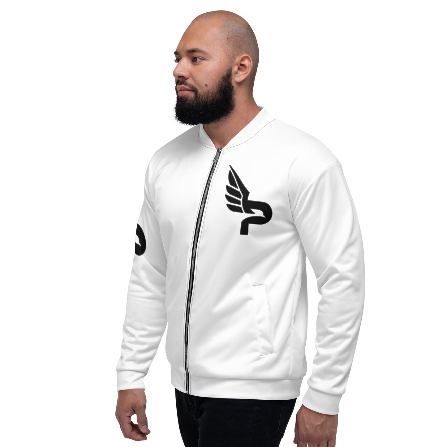 Men's PWRF Brand Black Logo White Unisex Bomber Jacket