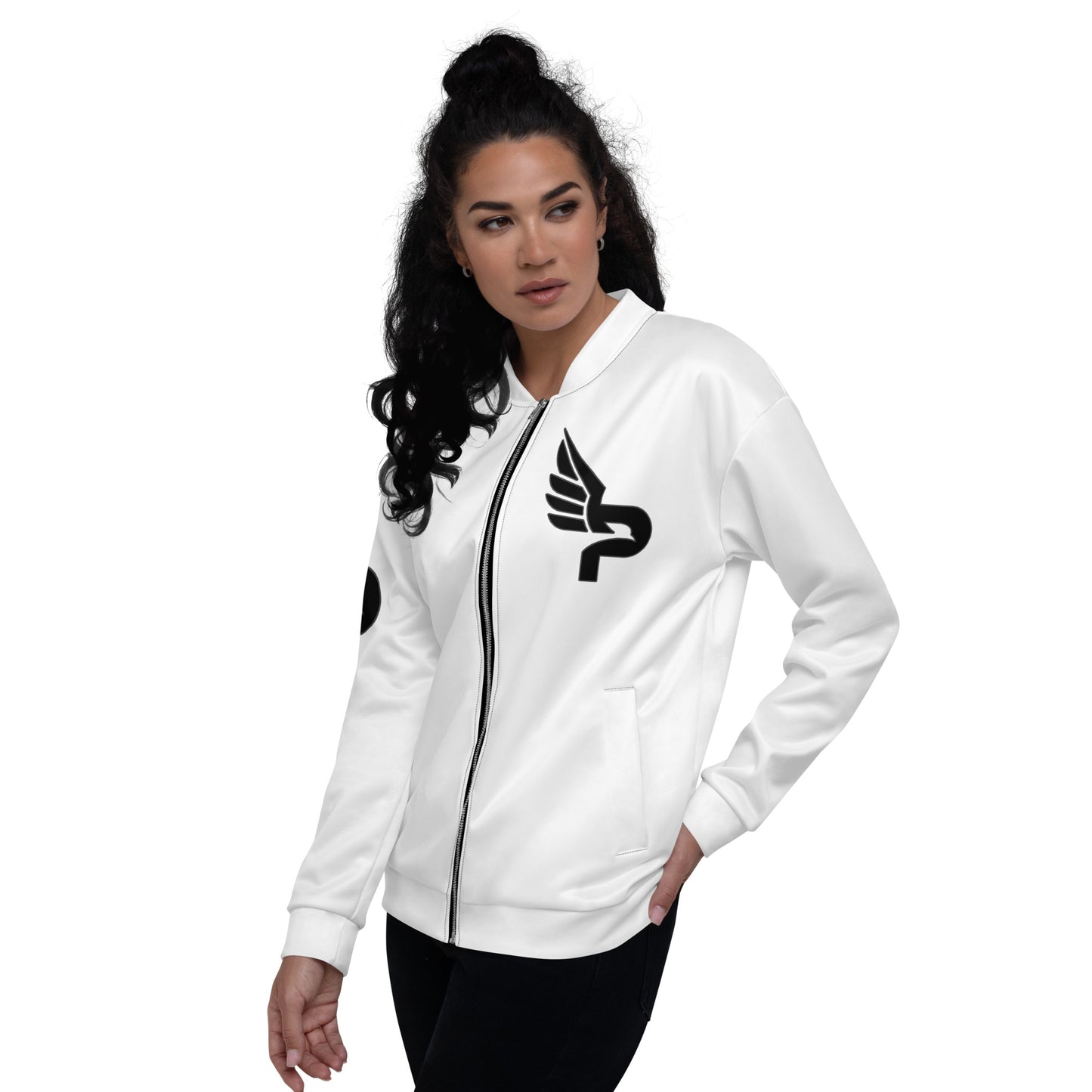 Women's PWRF Brand Black Logo White Unisex Bomber Jacket